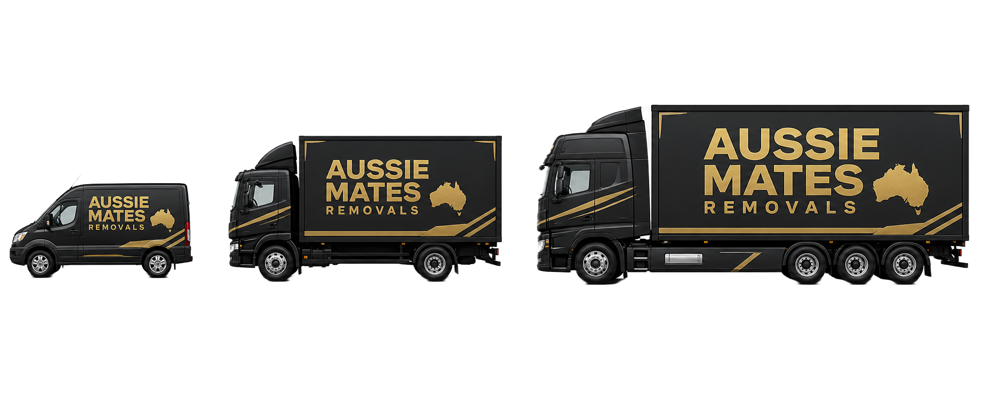 Aussie Mates Removals fleet — small van, big truck, and huge semi-trailer